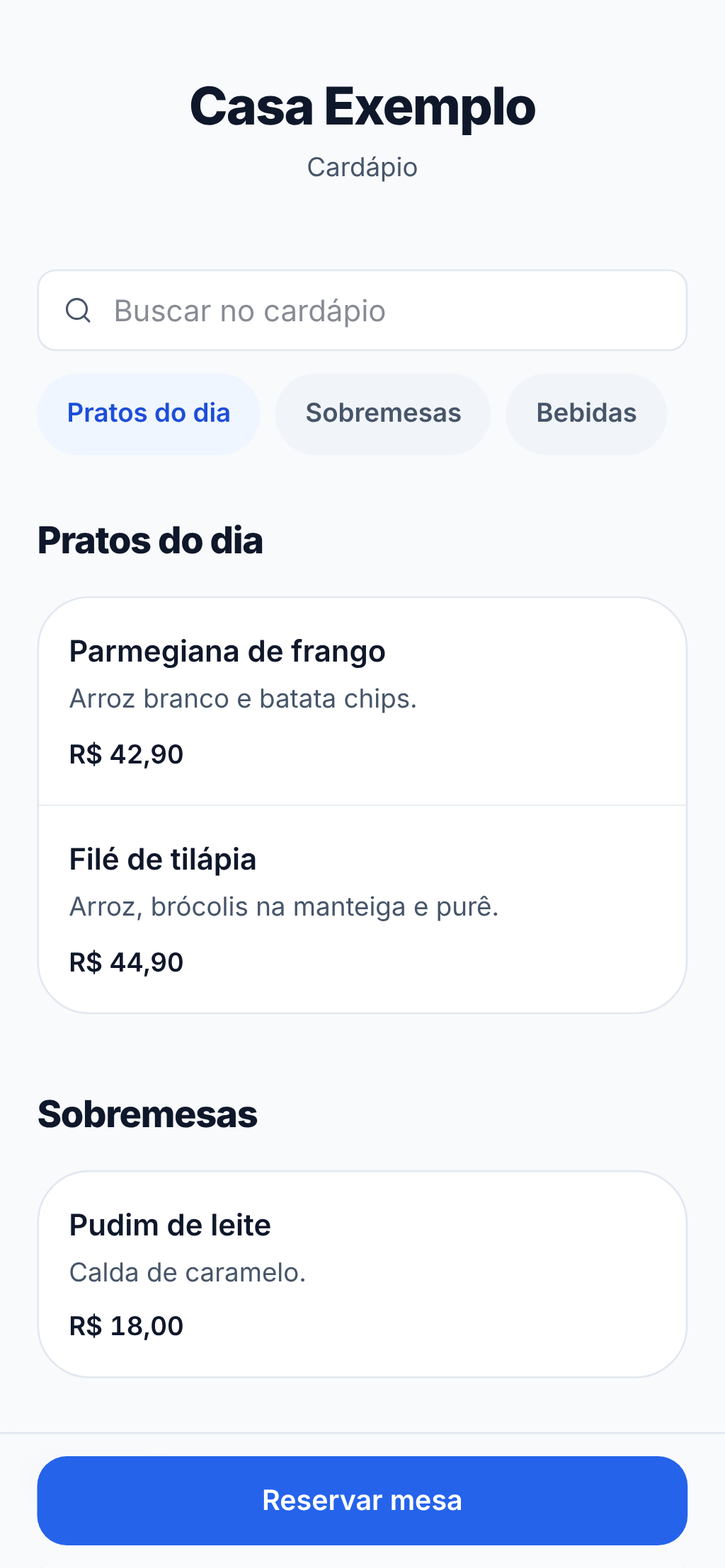 Cardápio digital de um restaurante de exemplo, com categorias e preços.