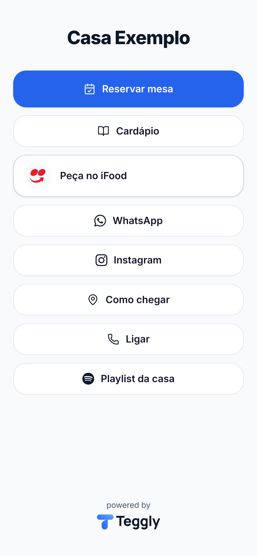 Link Hub de um restaurante de exemplo, com Reservar mesa em destaque.