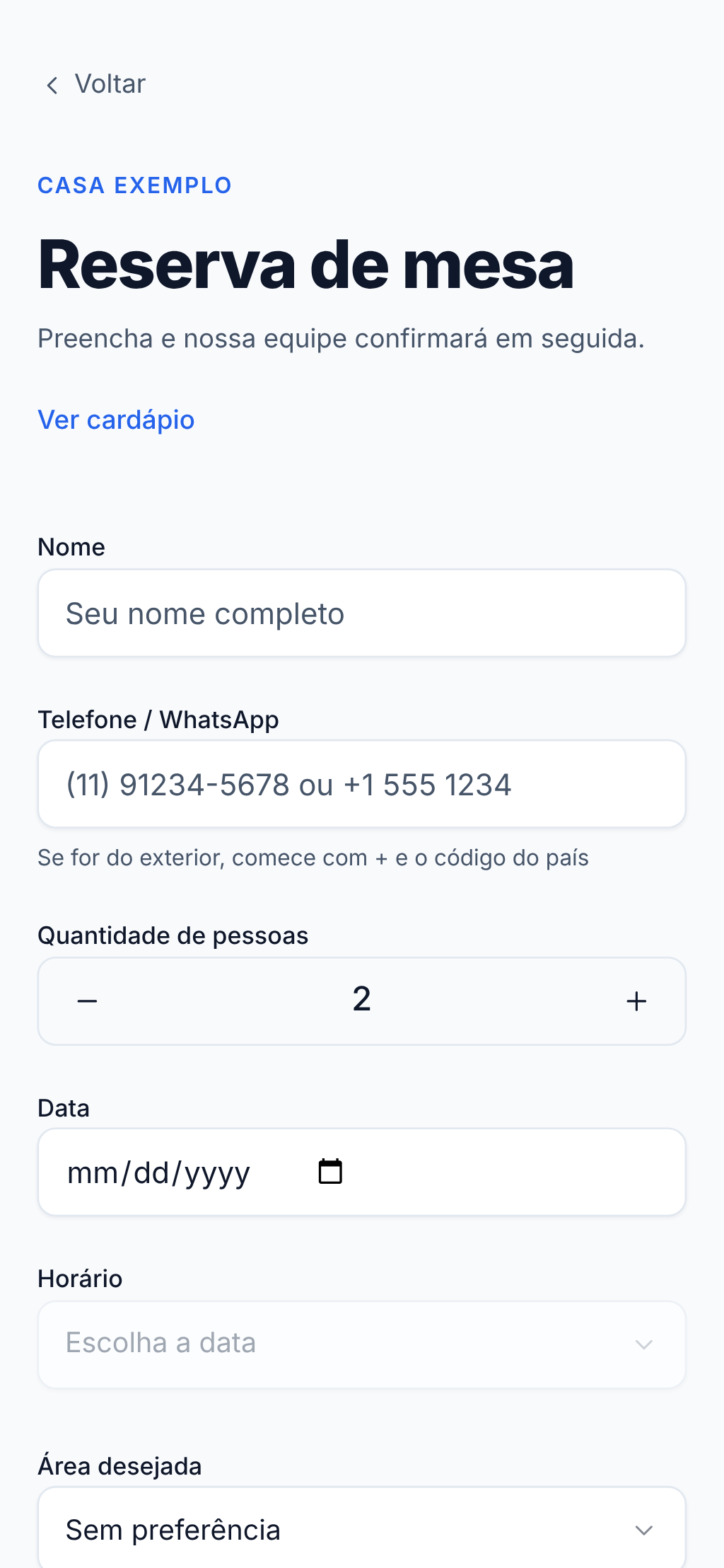 Página de reserva de um restaurante de exemplo, com nome, telefone, pessoas e data.